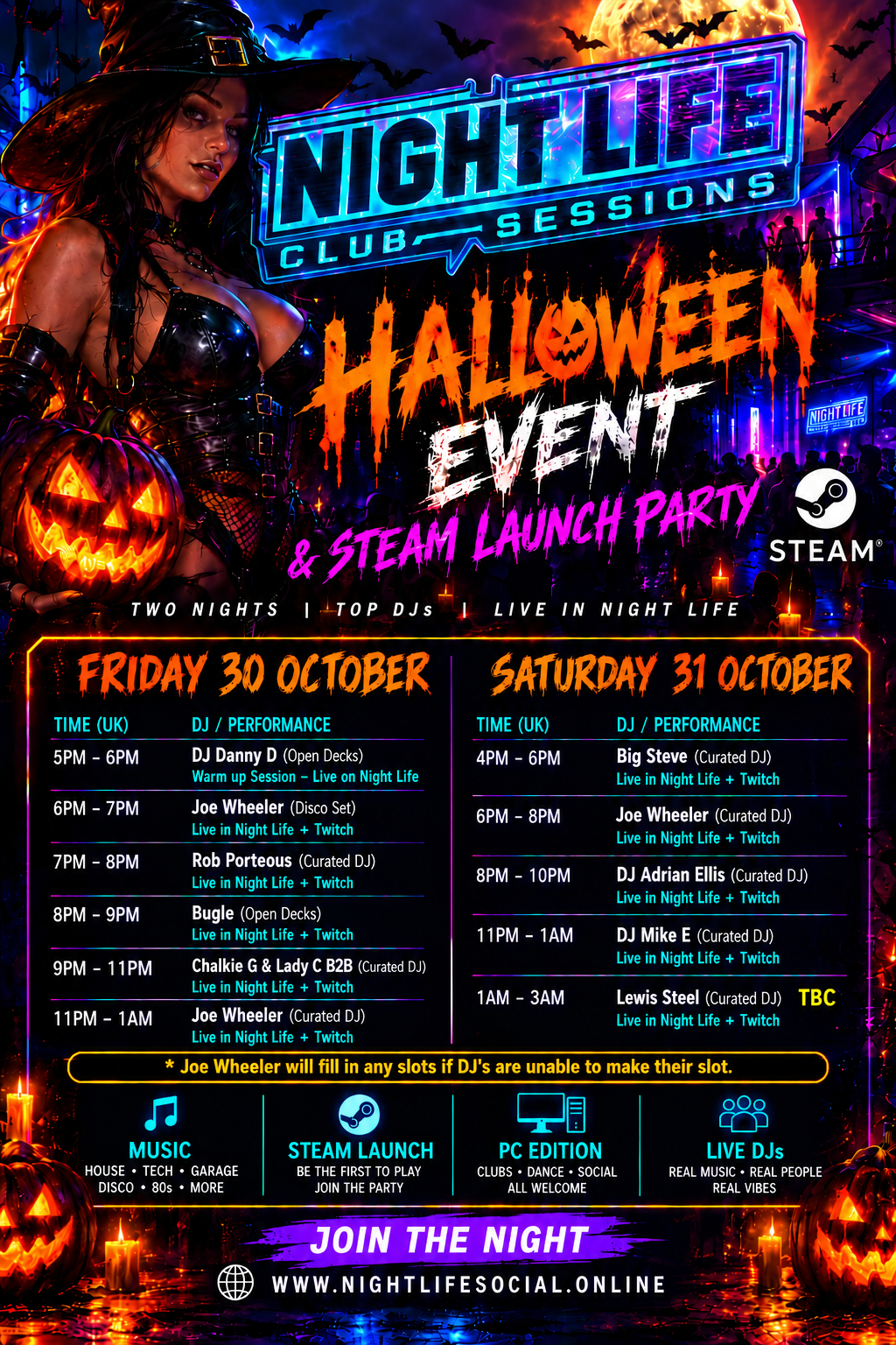 Night Life: Club Sessions Halloween Event & Steam Launch Party flyer — Friday 30 and Saturday 31 October