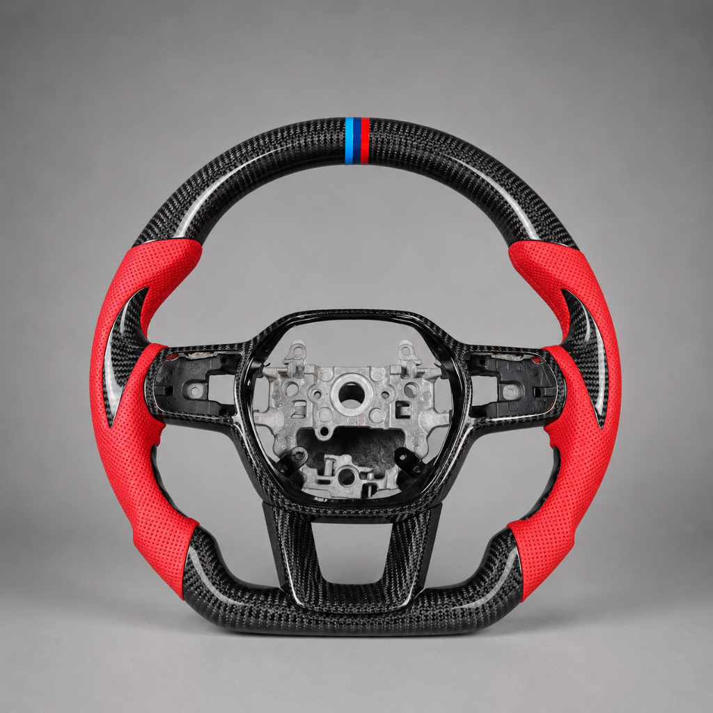 Honda — 3K Twill Carbon + Red Perforated Leather + Tri-Color Stripe