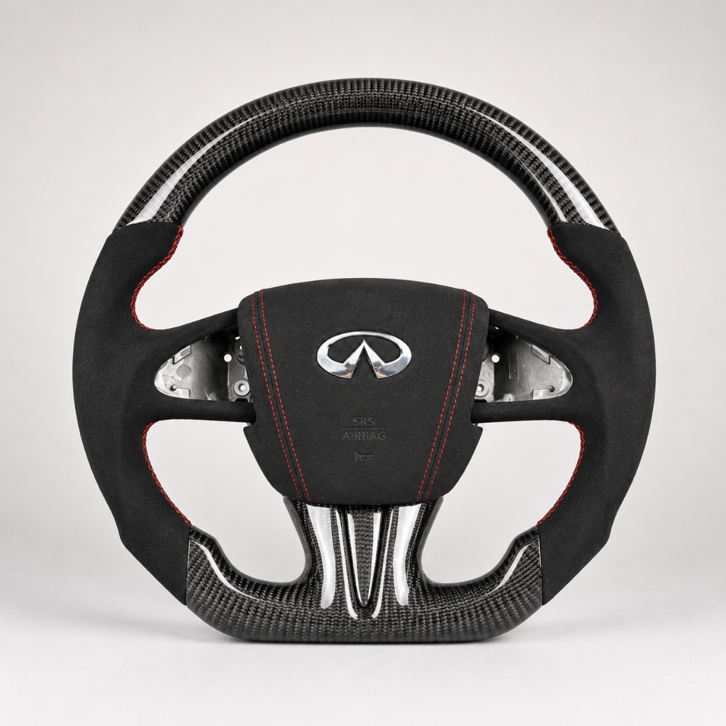 Infiniti — 3K Twill Carbon + Perforated Leather + Red Stripe