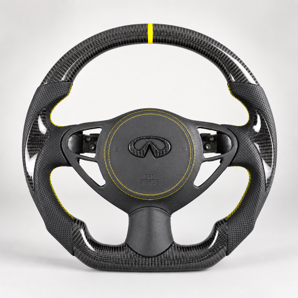 Infiniti — 3K Twill Carbon + Perforated Leather + Yellow Stitching