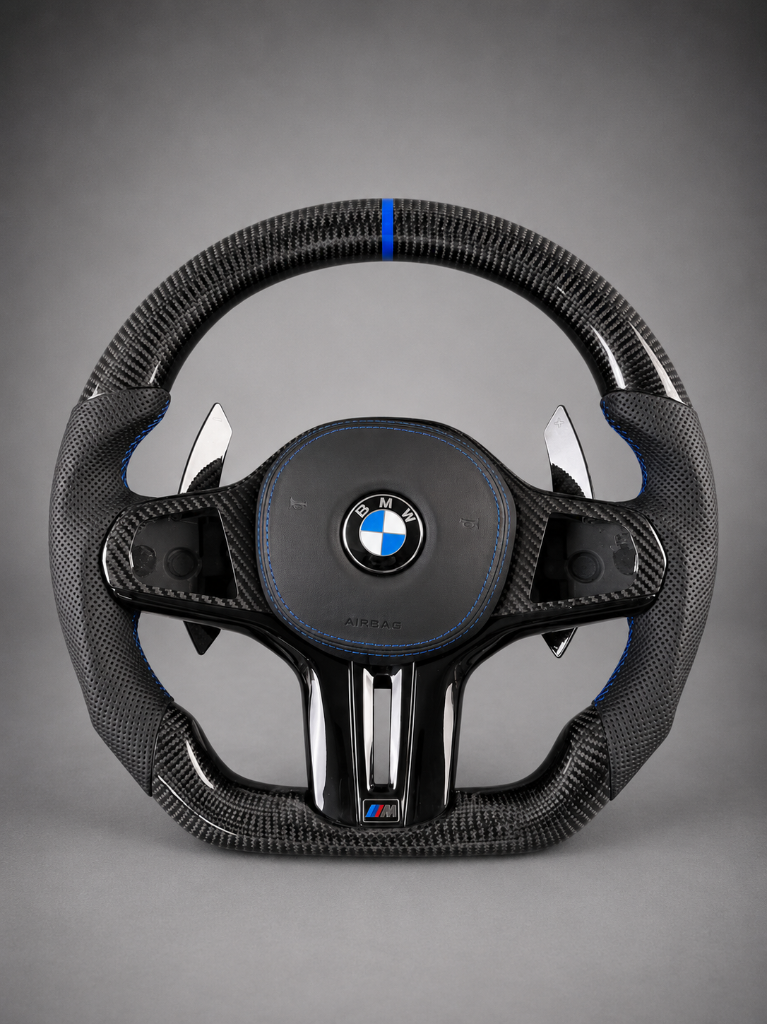 BMW M F-Series — Carbon Shell + Perforated Leather + Blue Stripe