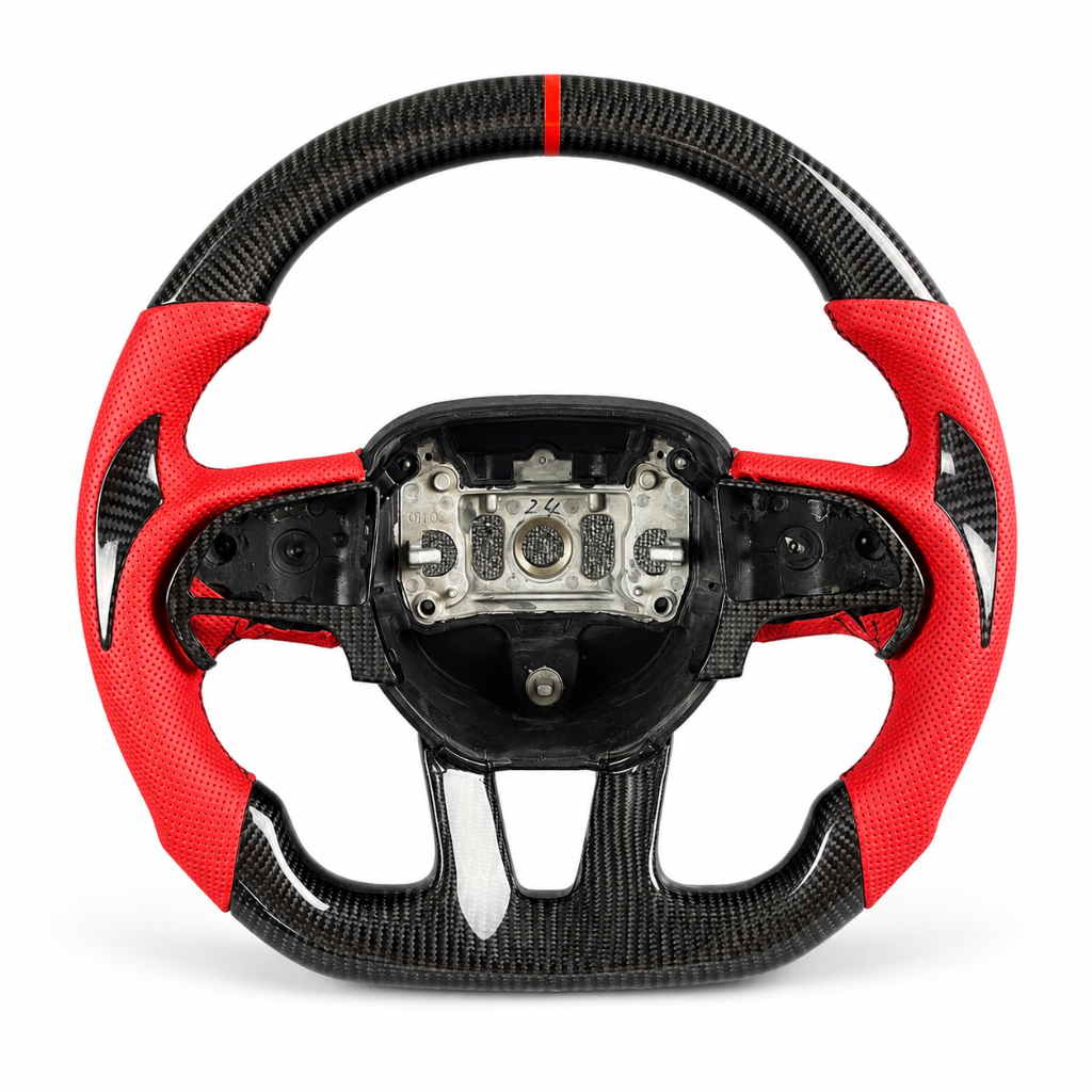 Dodge — Carbon + Red Perforated Leather Front View