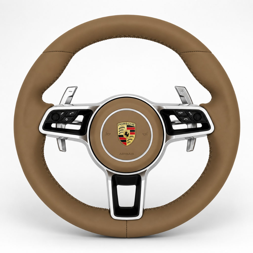Porsche — Tan Leather + Silver Paddles