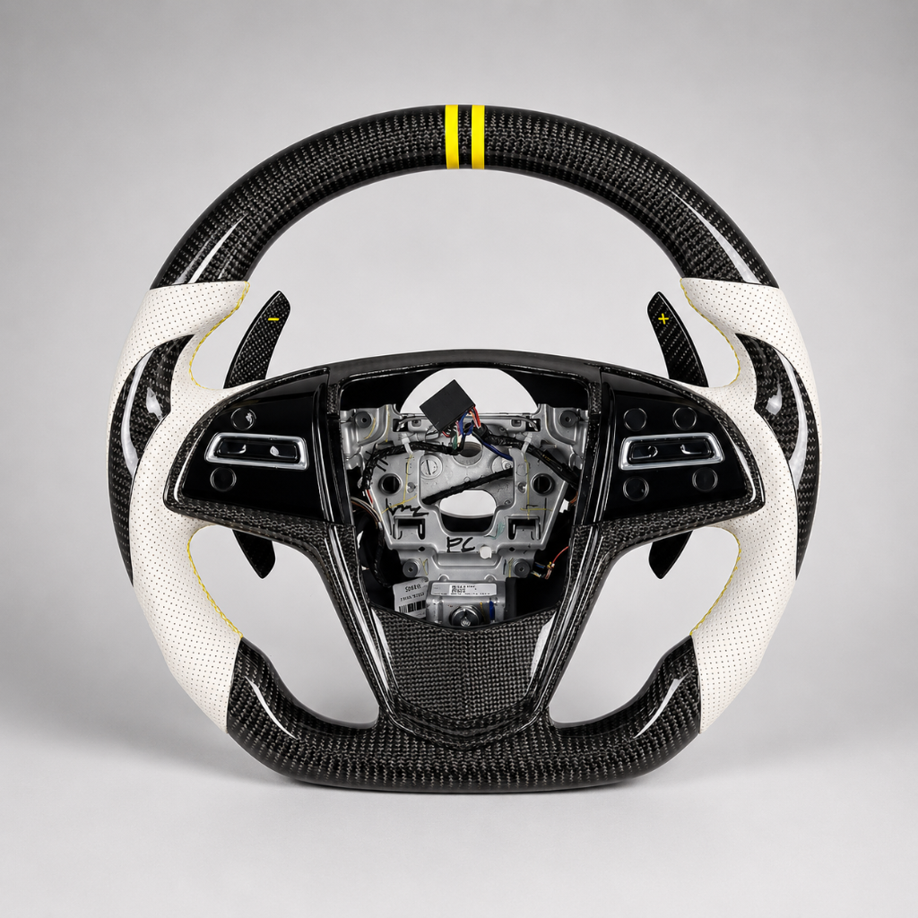 Cadillac — 3K Twill Carbon + White Perforated Leather + Yellow Stripe