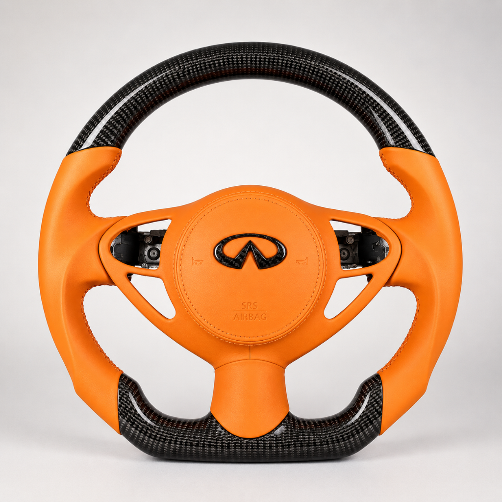 Infiniti — 3K Twill Carbon + Orange Flake + Alcantara