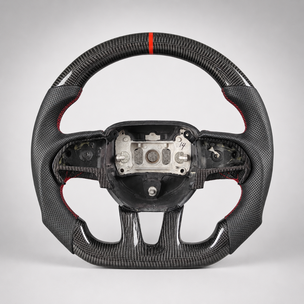 Dodge Challenger — Carbon + Black Perforated Leather + Red Stitch