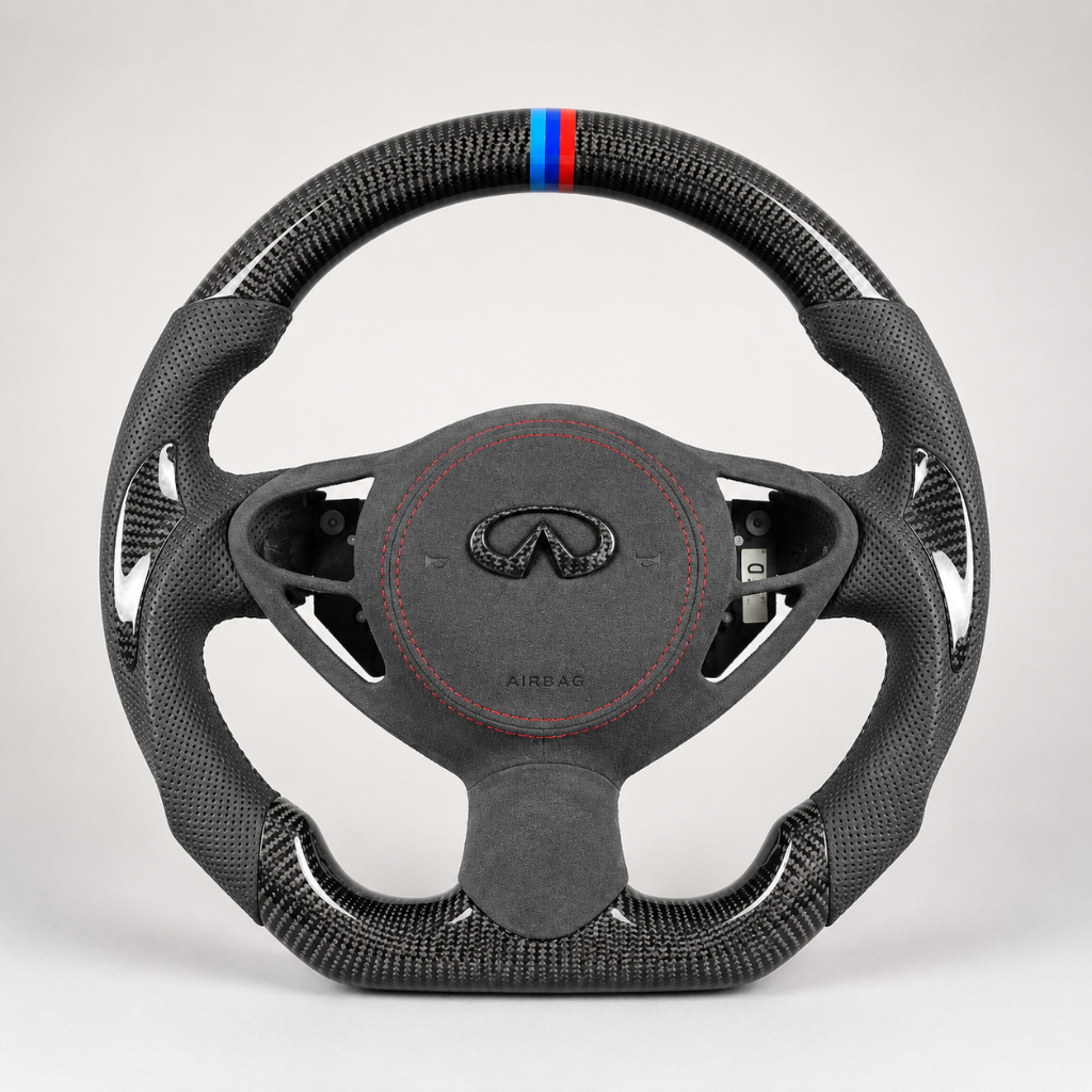 Infiniti — 3K Twill Carbon + Alcantara + Tri-Color Stripe