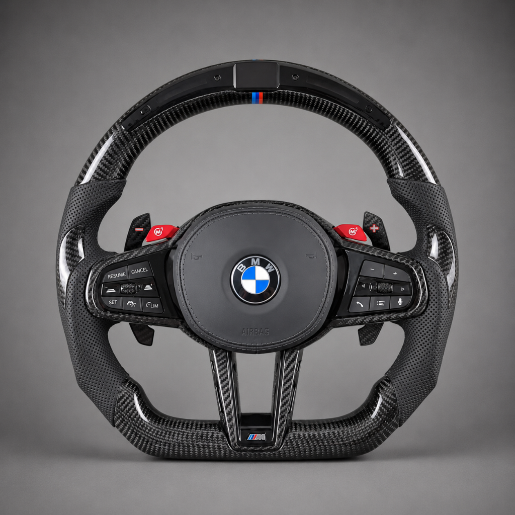 BMW M G-Series — Carbon + Perforated Leather + Red Paddles