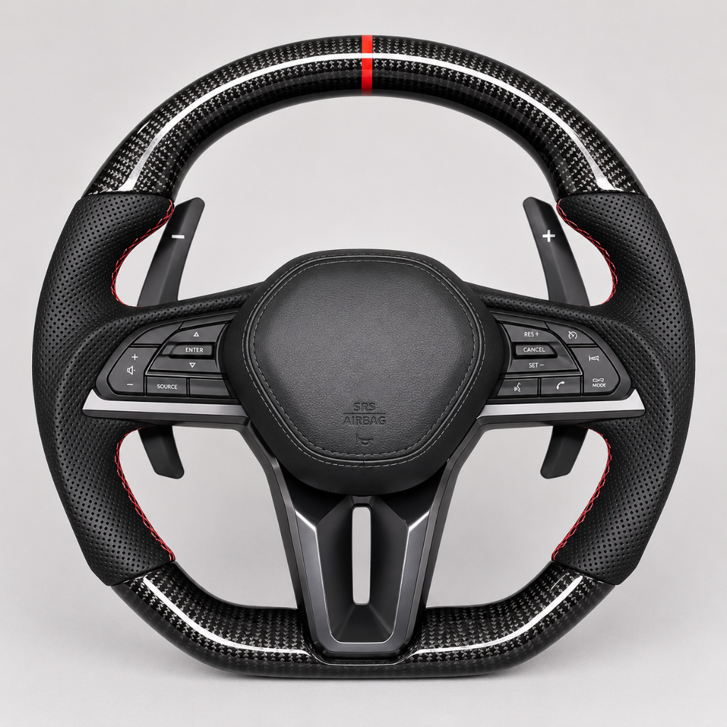 Infiniti — 3K Twill Carbon + Alcantara + Red Stripe
