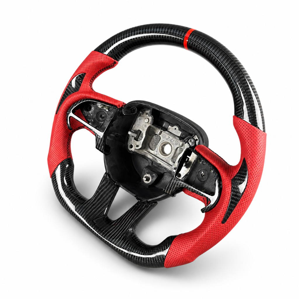 Dodge — Carbon + Red Perforated Leather Angled