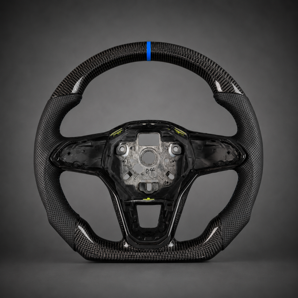 VW Golf — 3K Twill Carbon + Perforated Leather + Blue Stripe