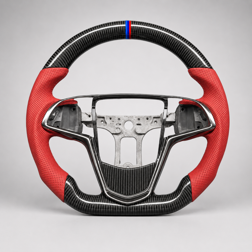 Cadillac — 3K Twill Carbon + Red Perforated Leather + Tri-Color Stripe