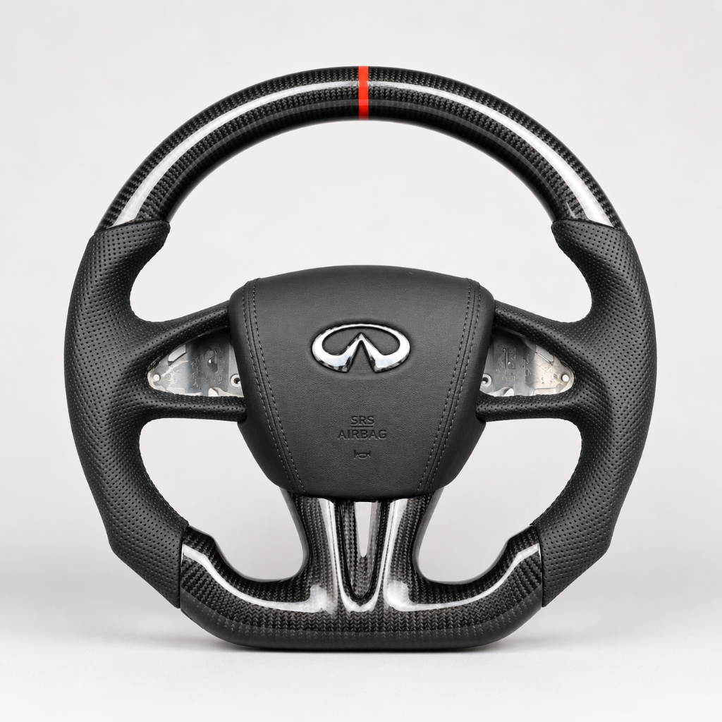 Infiniti — 3K Twill Carbon + Perforated Leather + Blue Stripe