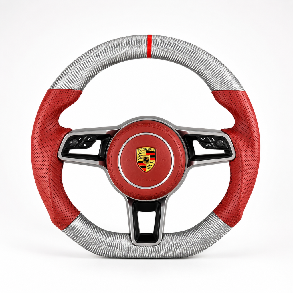 Porsche — Silver Carbon + Red Leather