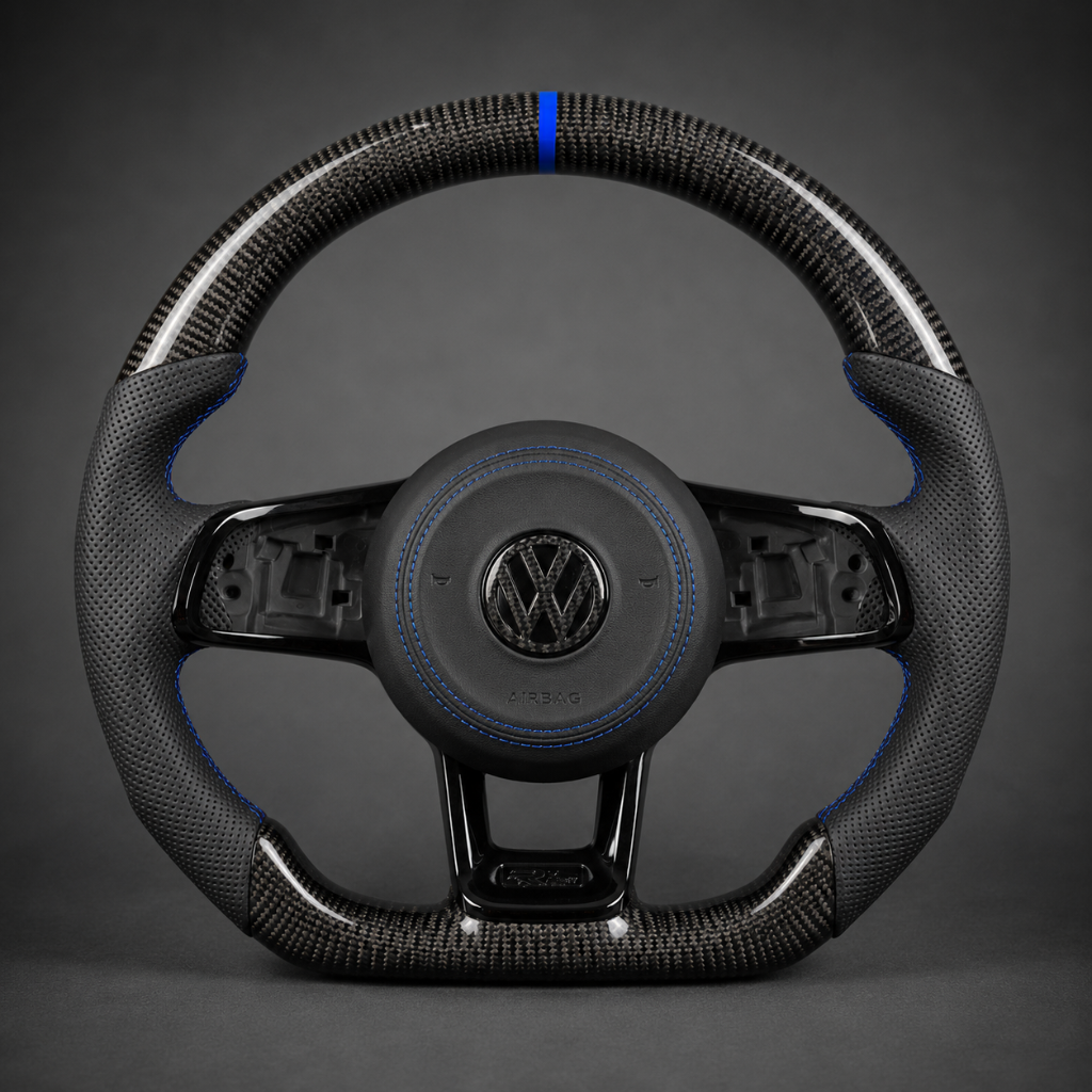 VW Golf R — 3K Twill Carbon + Perforated Leather + Blue Stripe