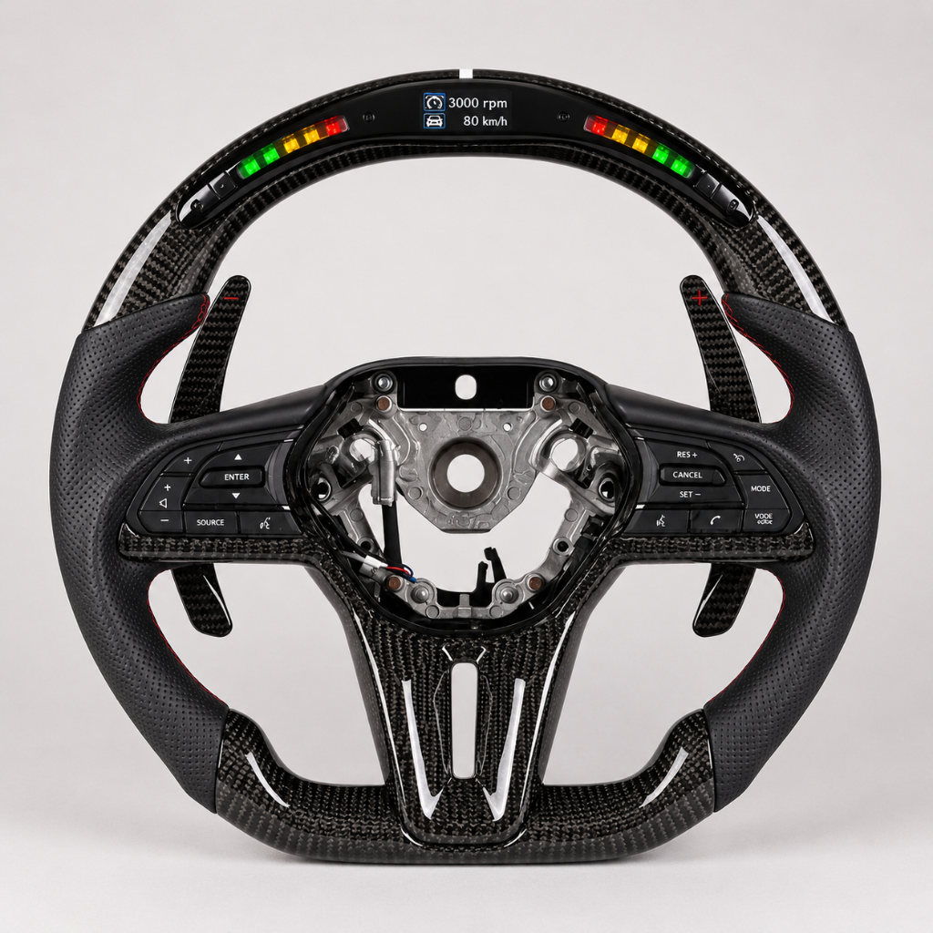 Infiniti — 3K Twill Carbon + Perforated Leather + Red Stripe + Controls