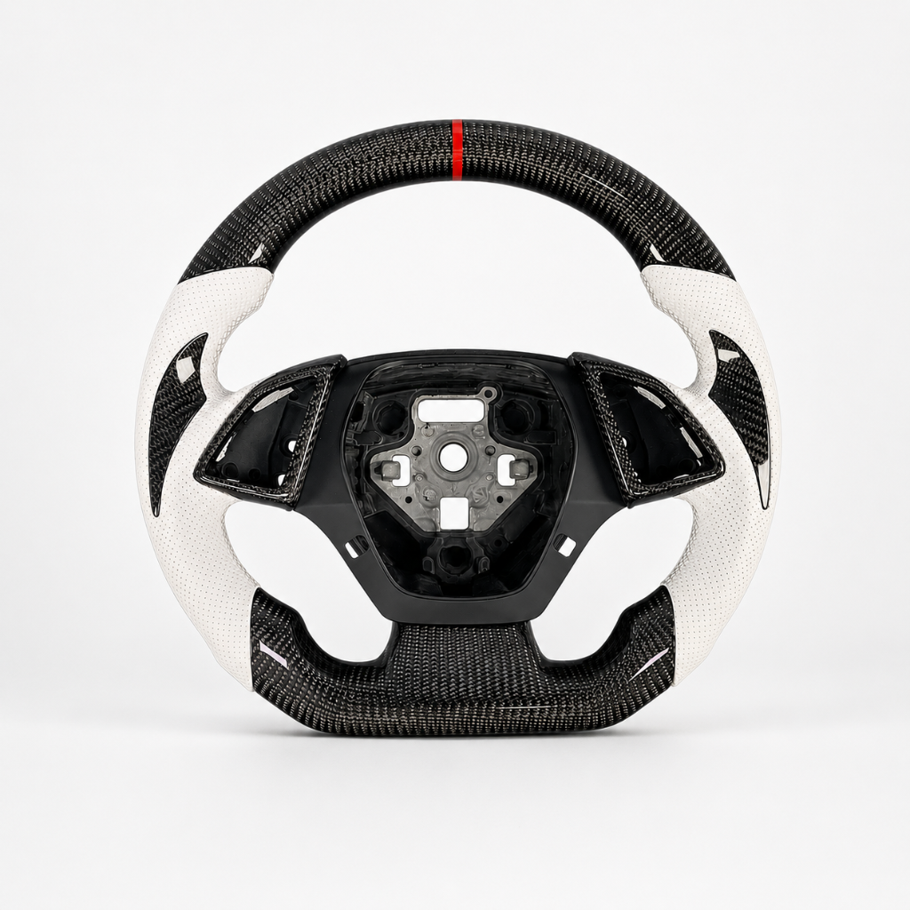Chevy — 3K Twill Carbon + White Perforated Leather + Red Stripe