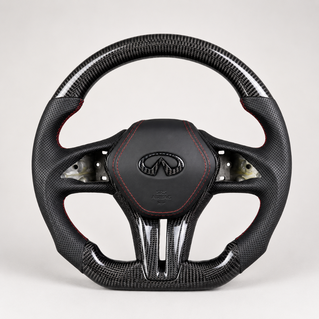 Infiniti — 3K Twill Carbon + Perforated Leather + Red Stripe