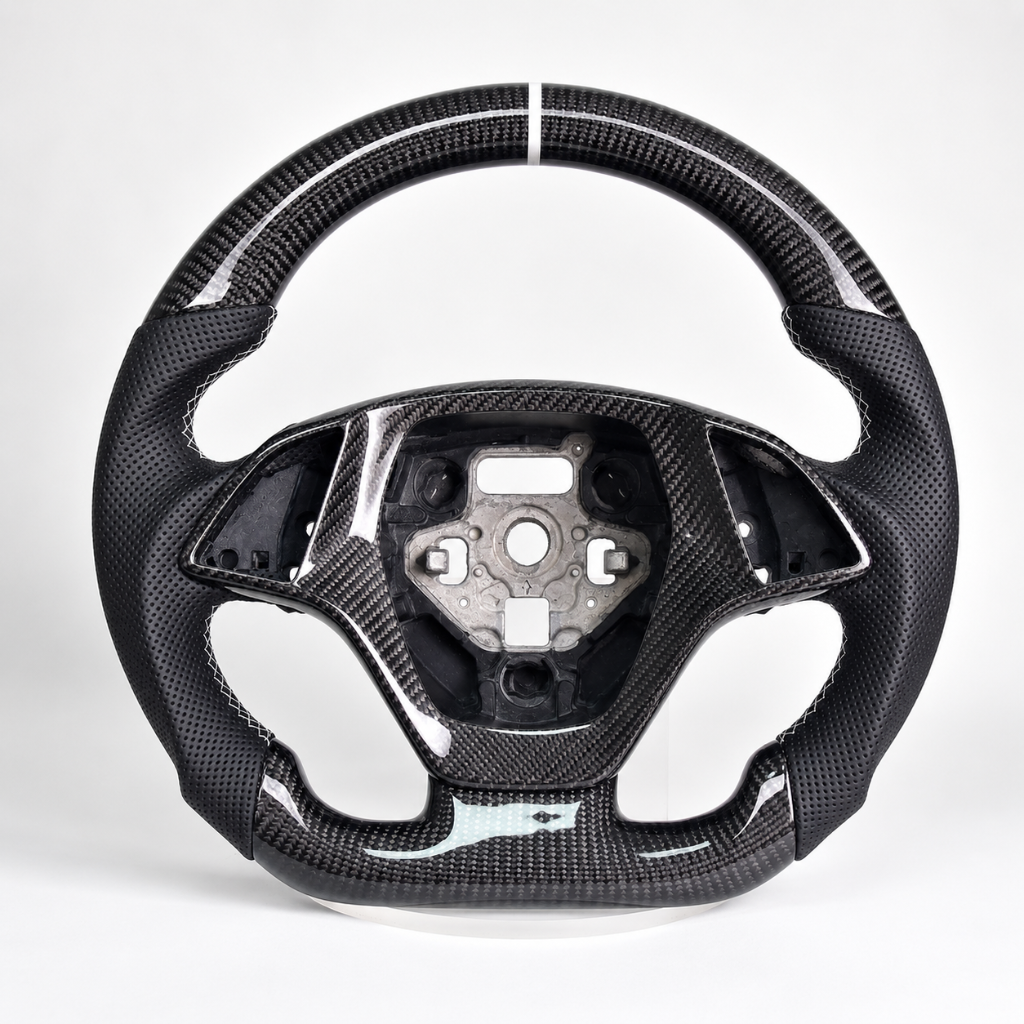 Chevy — 3K Twill Carbon + Perforated Leather + White Stripe