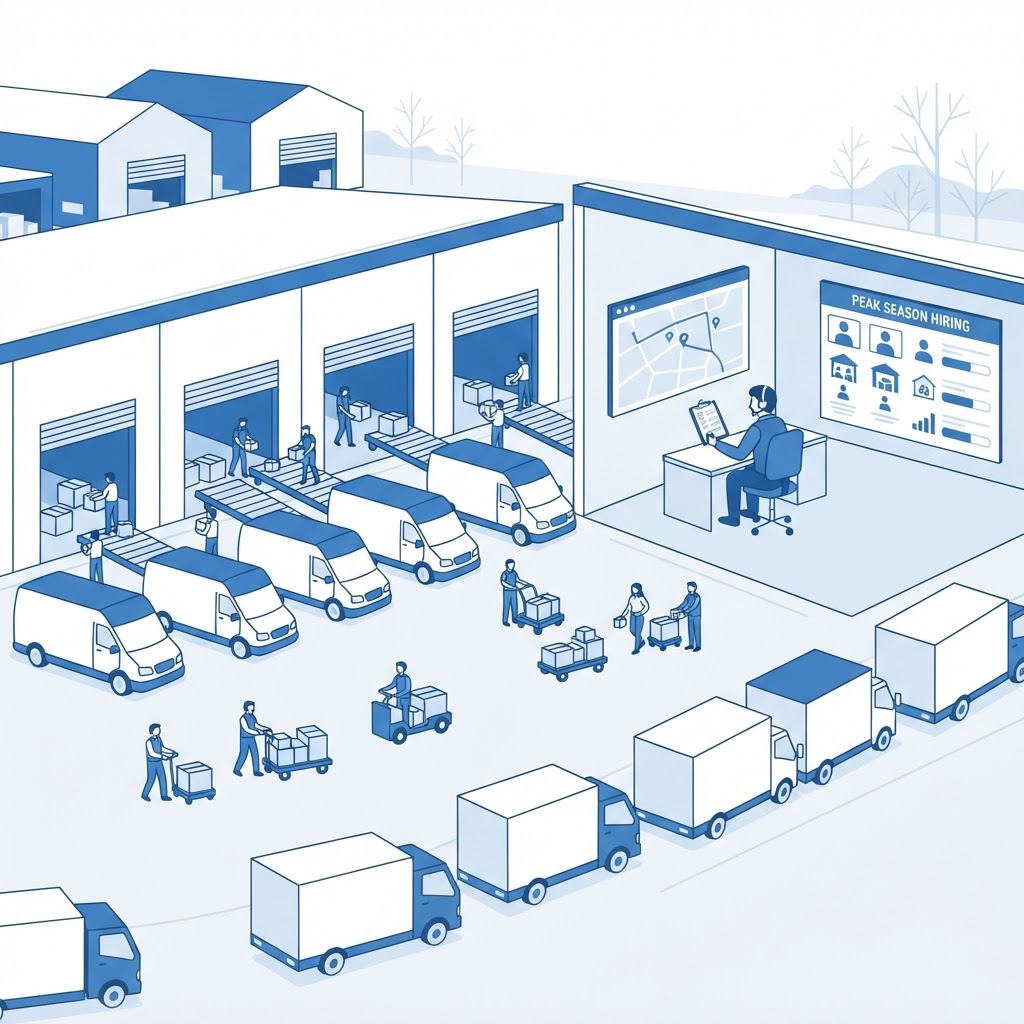 Flat vector illustration of a FedEx Ground P&D terminal preparing delivery vans and seasonal rentals for peak season