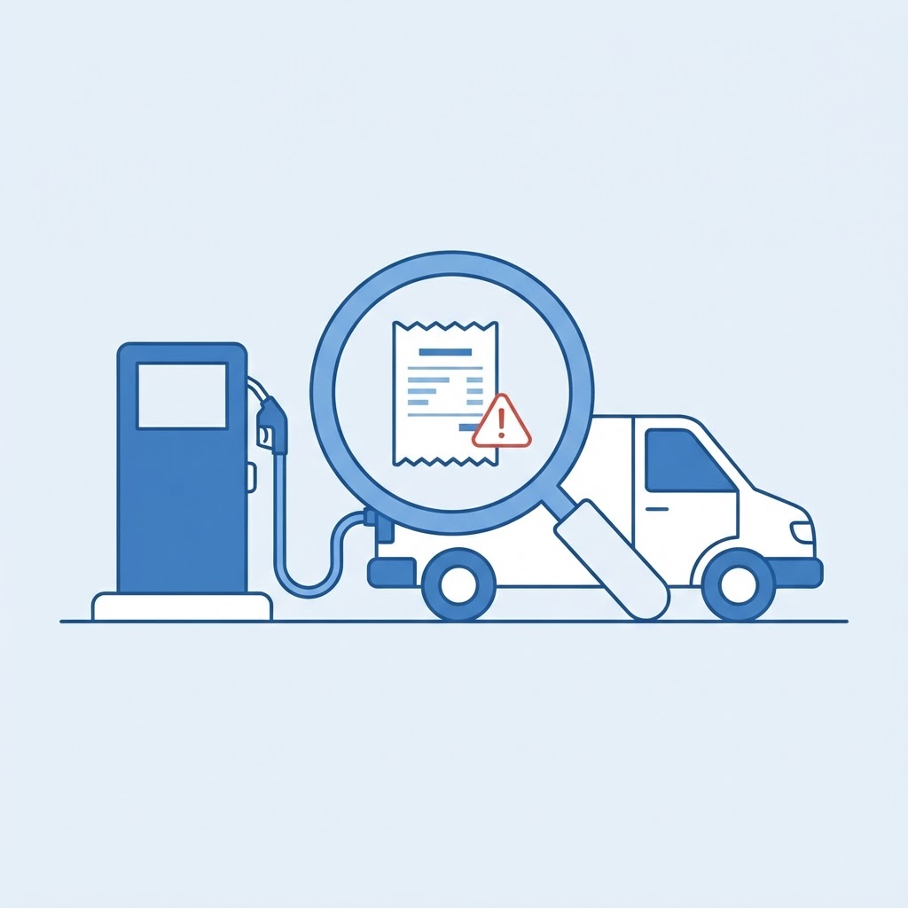 Flat vector illustration of a fleet fuel pump and delivery van with a magnifying glass highlighting a fuel receipt