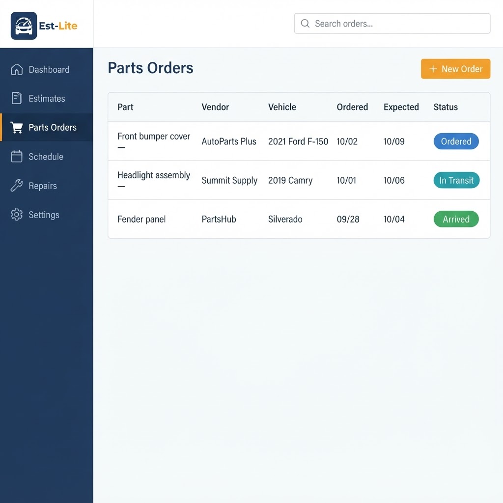 Est-Lite Parts Orders screen example