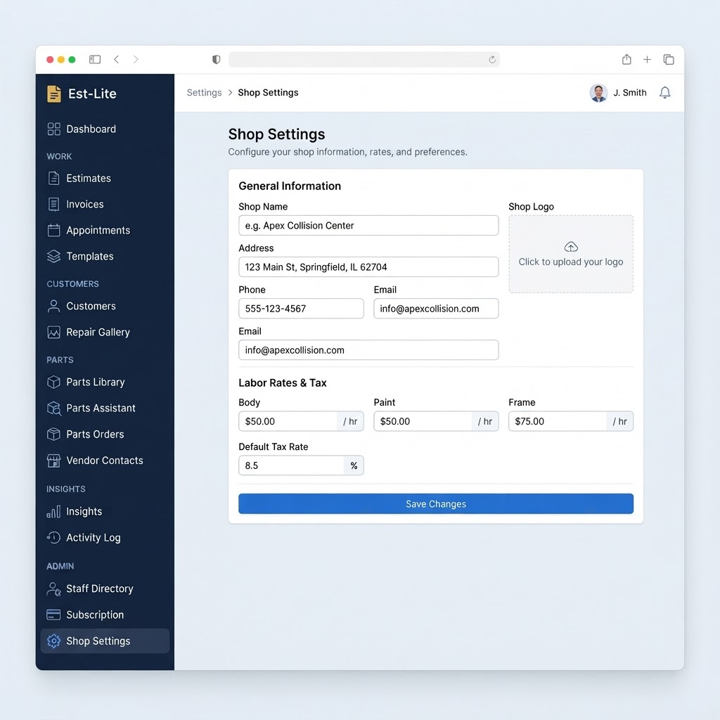Est-Lite Shop Settings screen example
