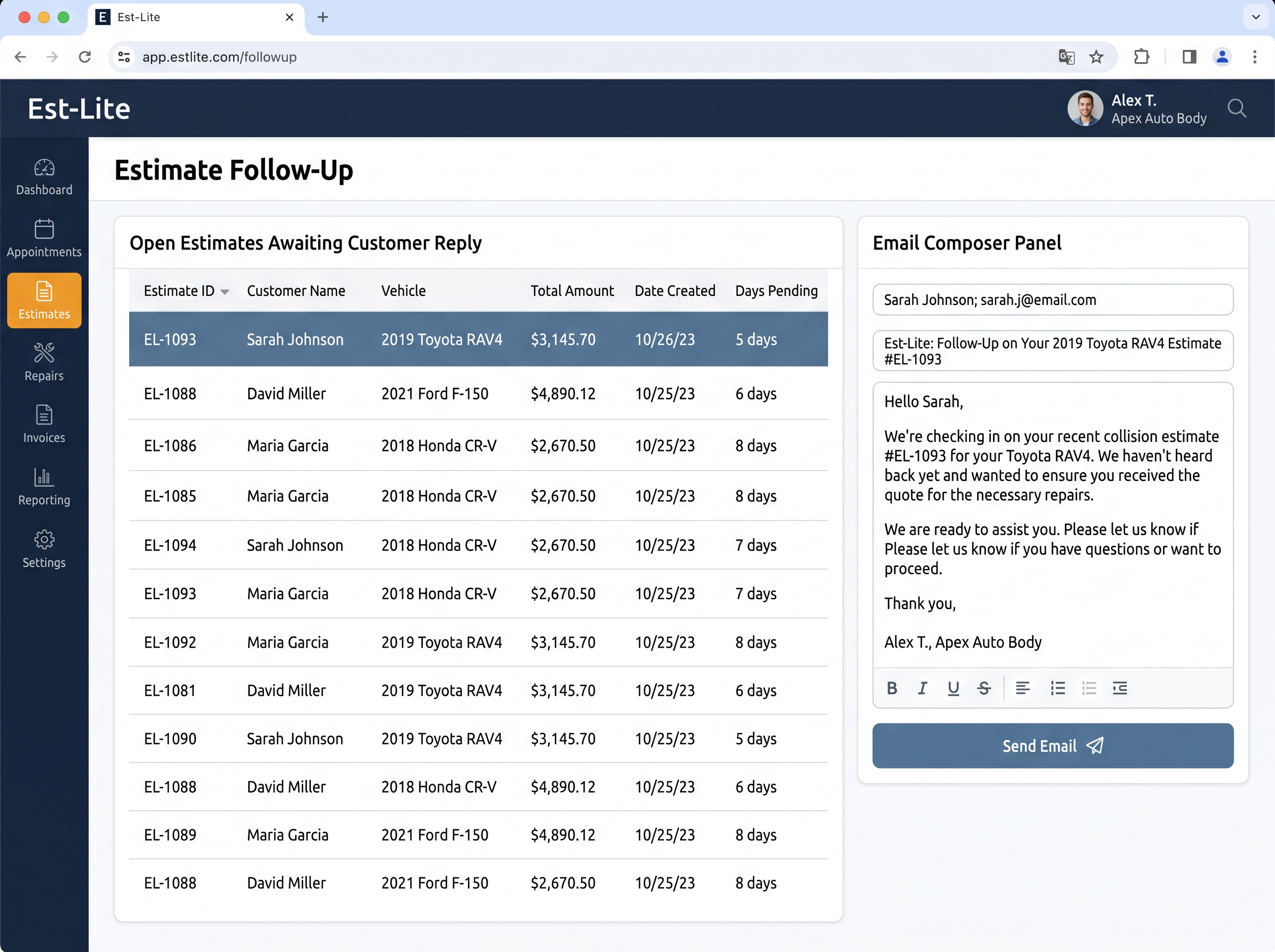 Est-Lite Marketing screen example