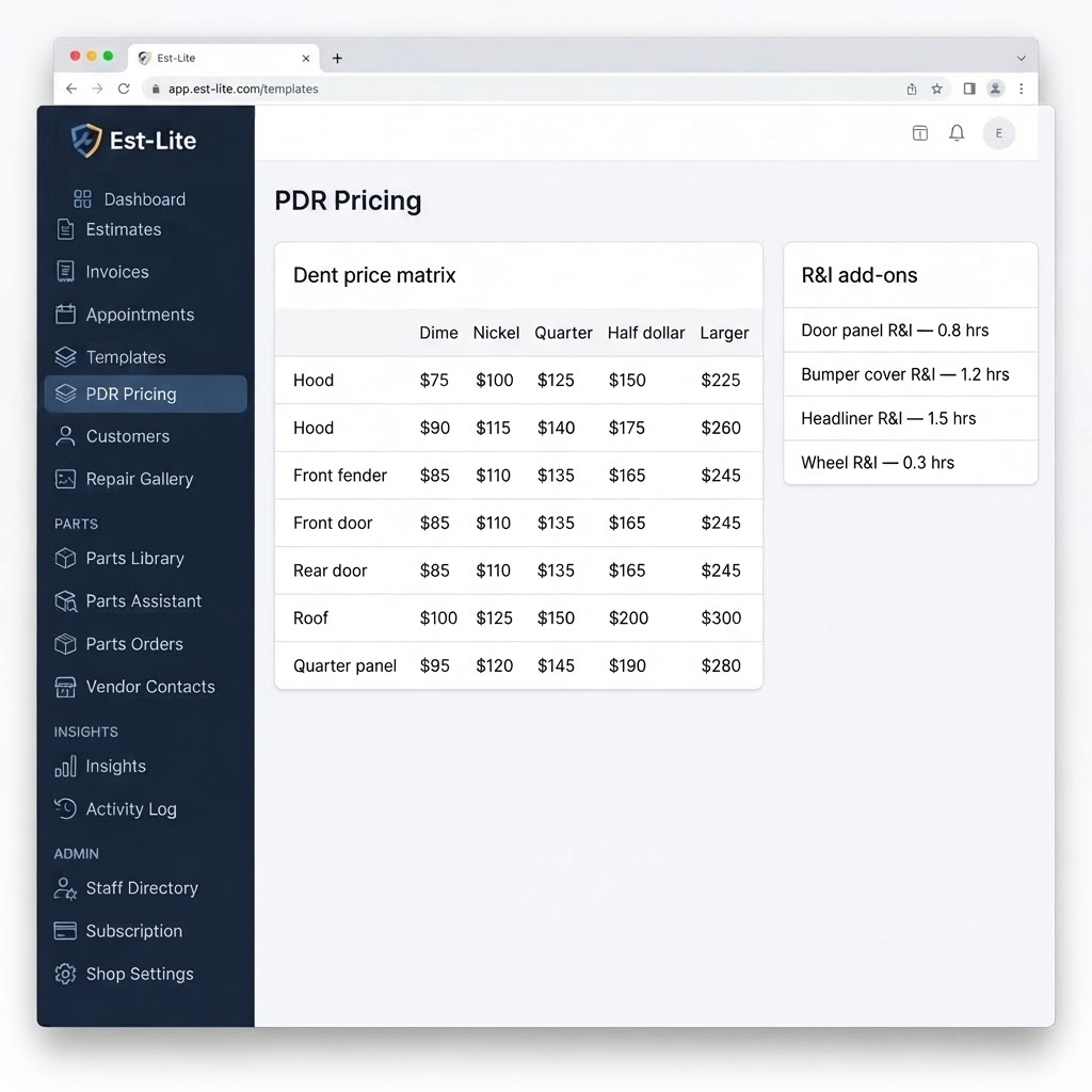 Est-Lite PDR Pricing screen example