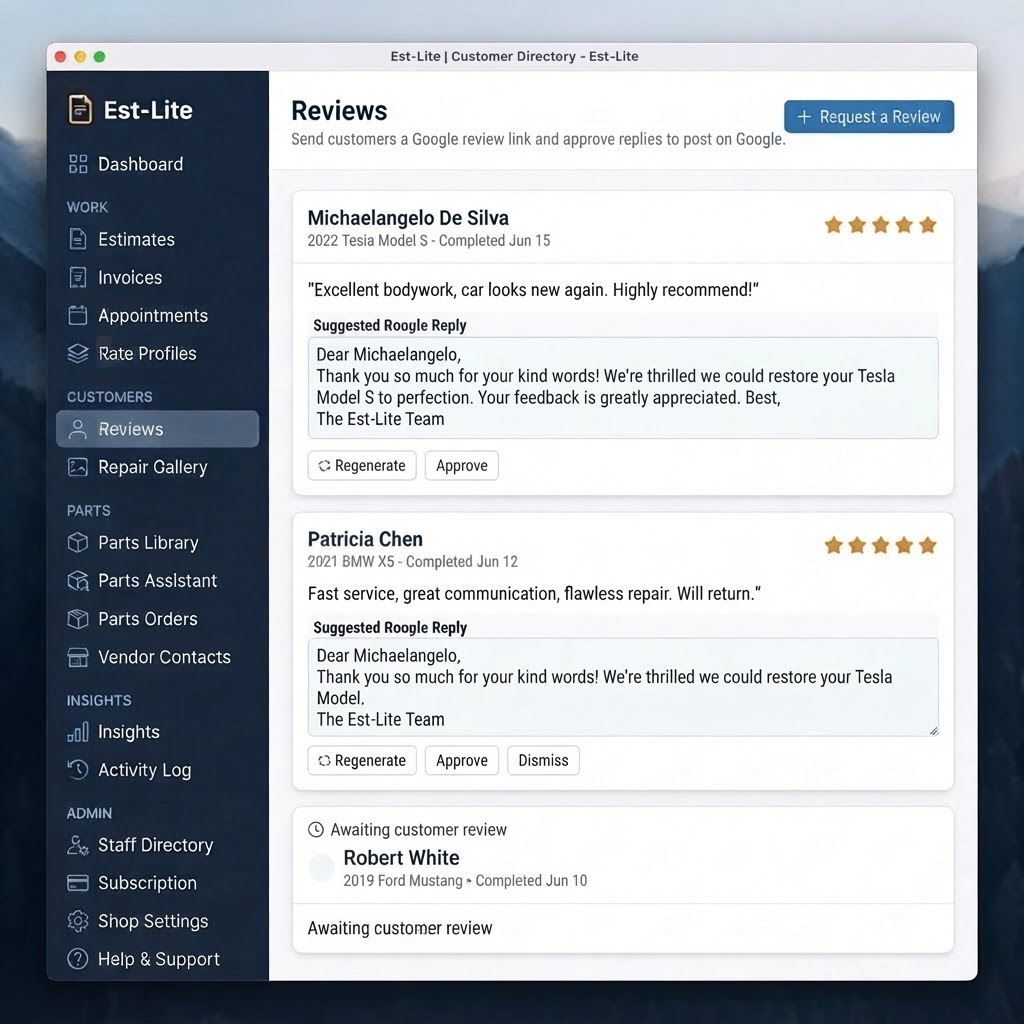 Est-Lite Reviews screen example