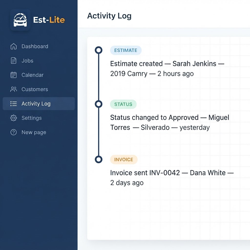 Est-Lite Activity Log screen example