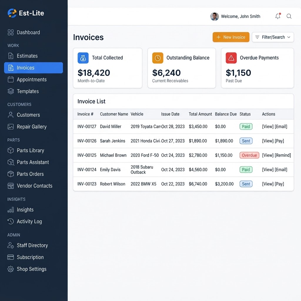 Est-Lite Invoices screen example