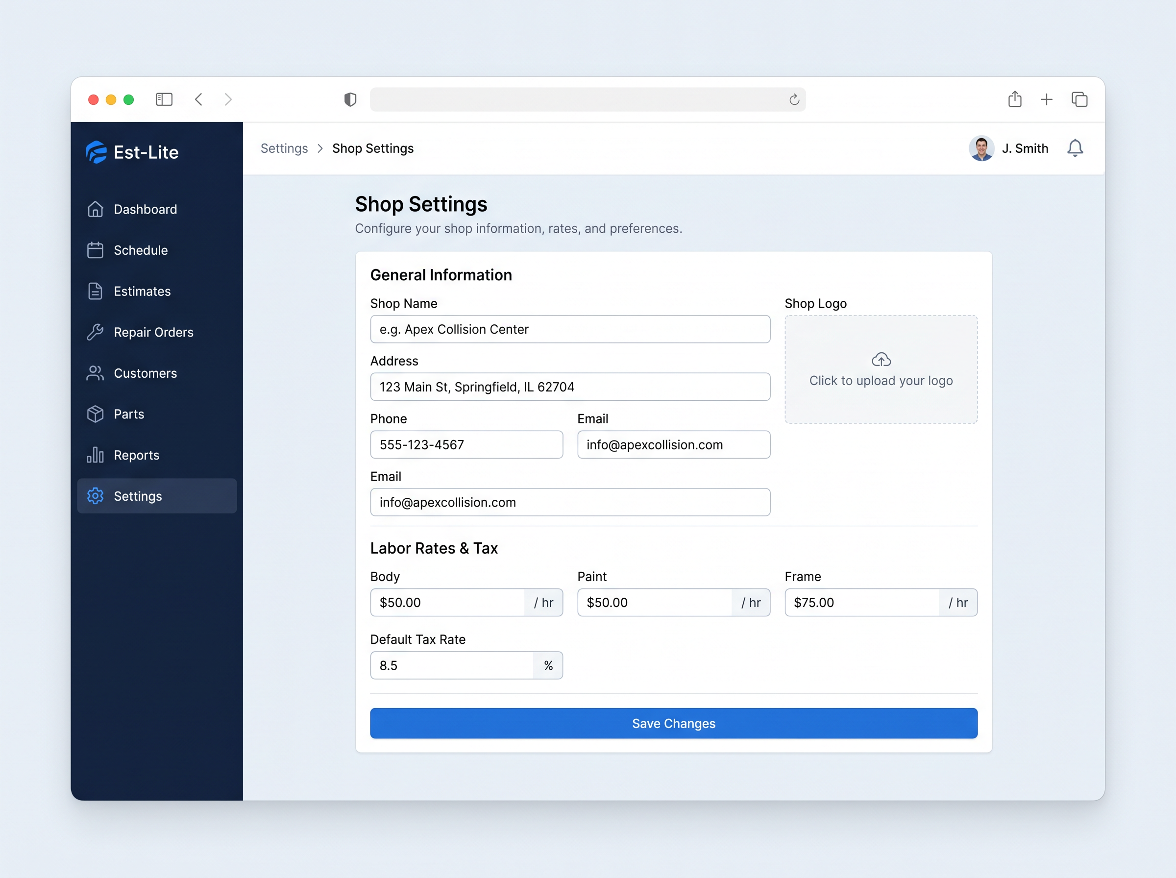 Est-Lite Shop Settings screen example