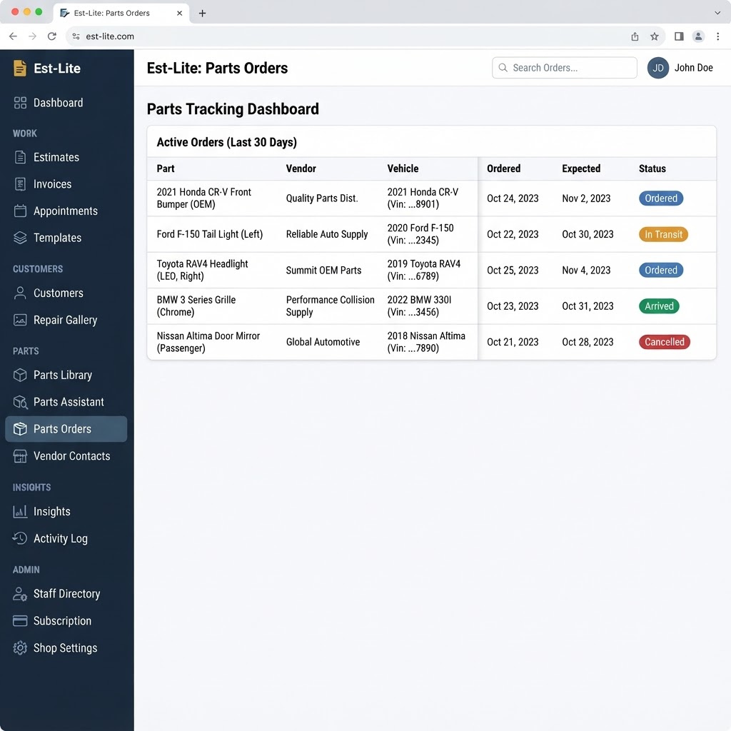 Est-Lite Parts Orders screen example
