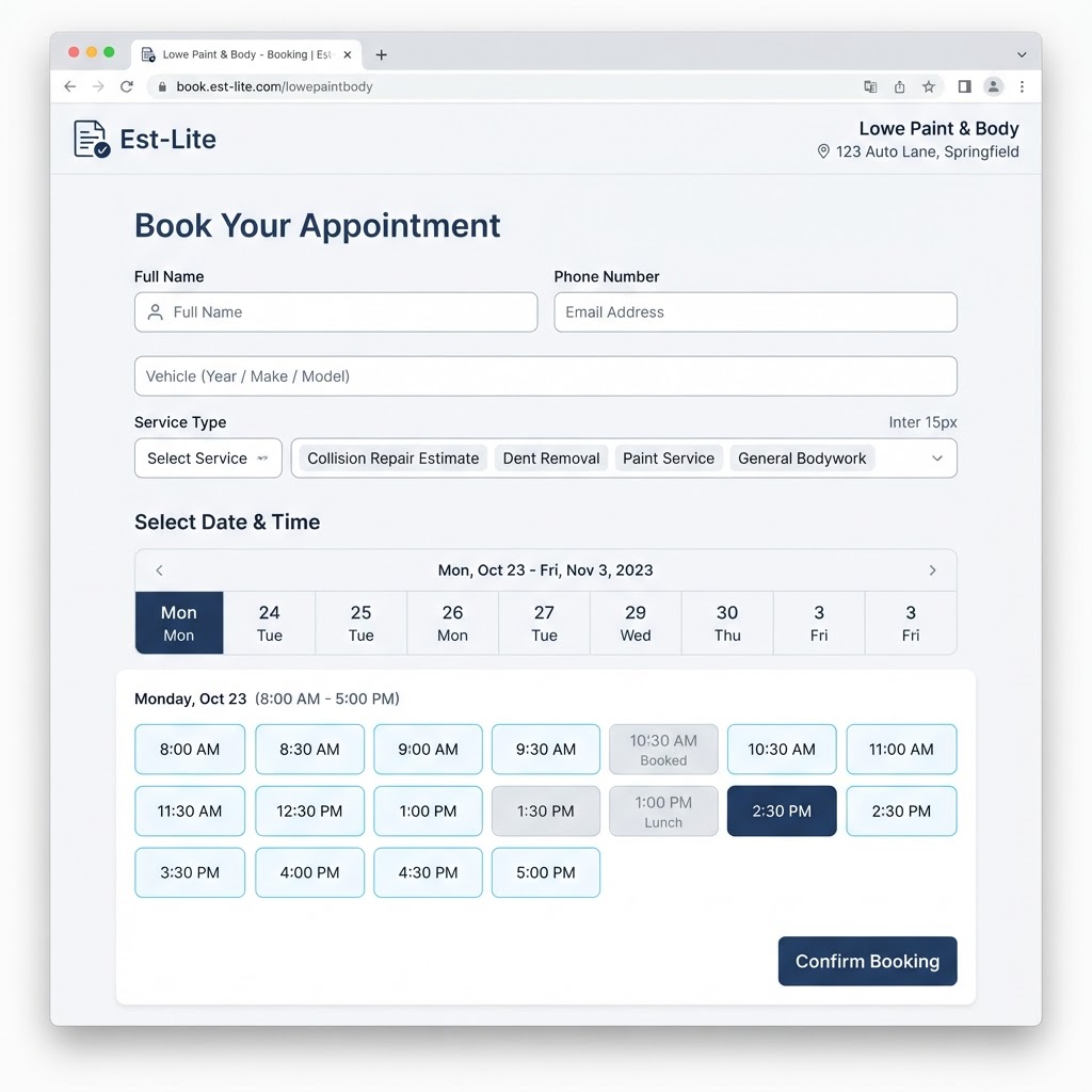 Est-Lite Online Booking screen example