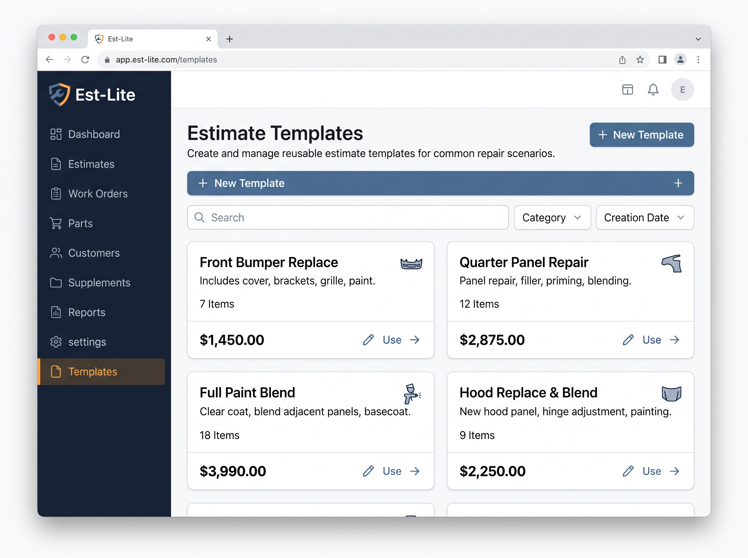 Est-Lite Templates screen example