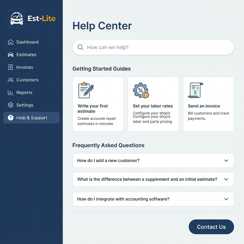 Est-Lite Help & Support screen example