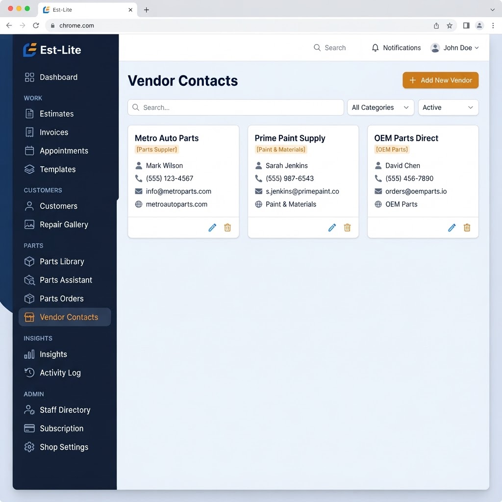 Est-Lite Vendor Contacts screen example