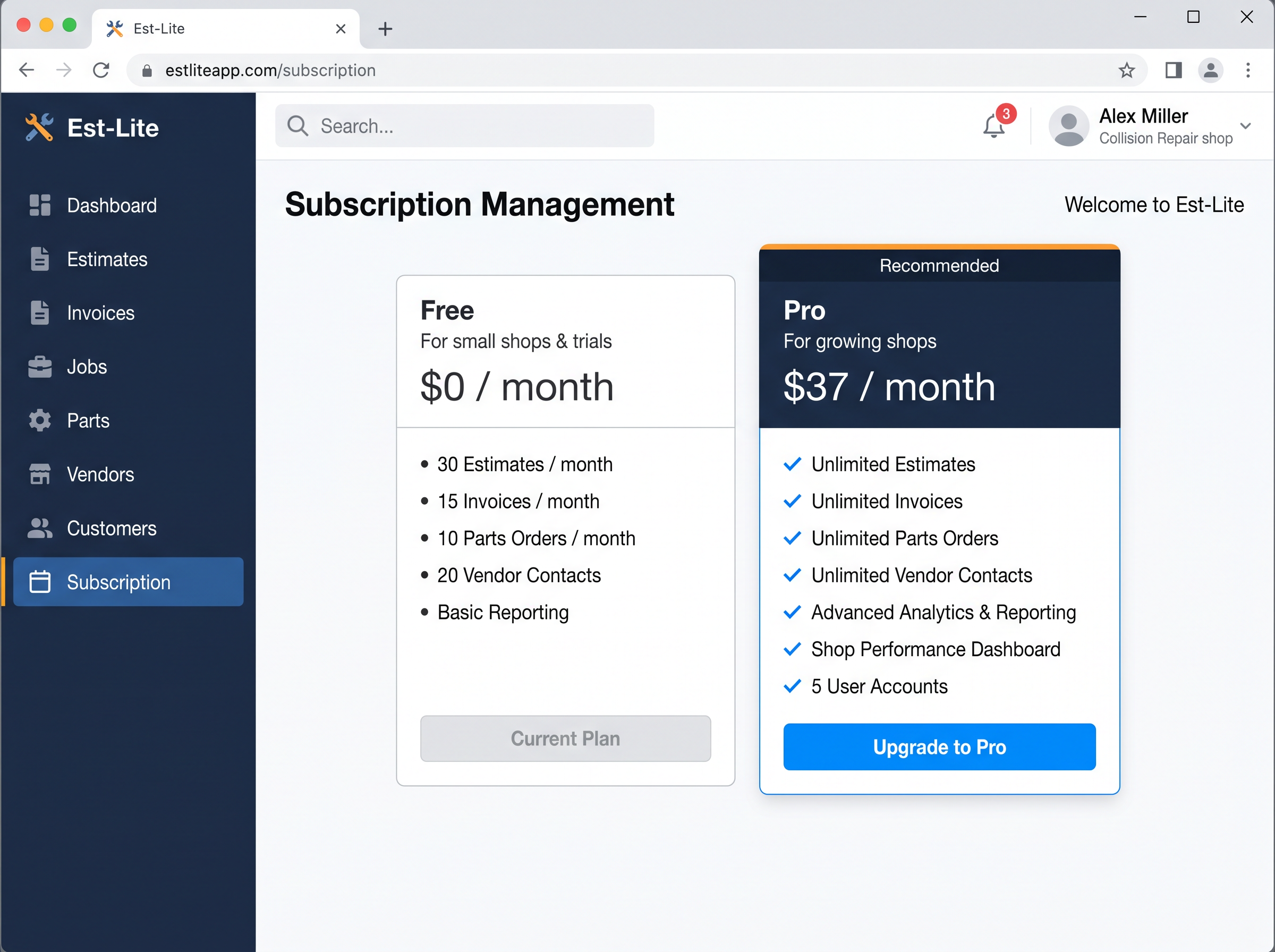Est-Lite Subscription screen example