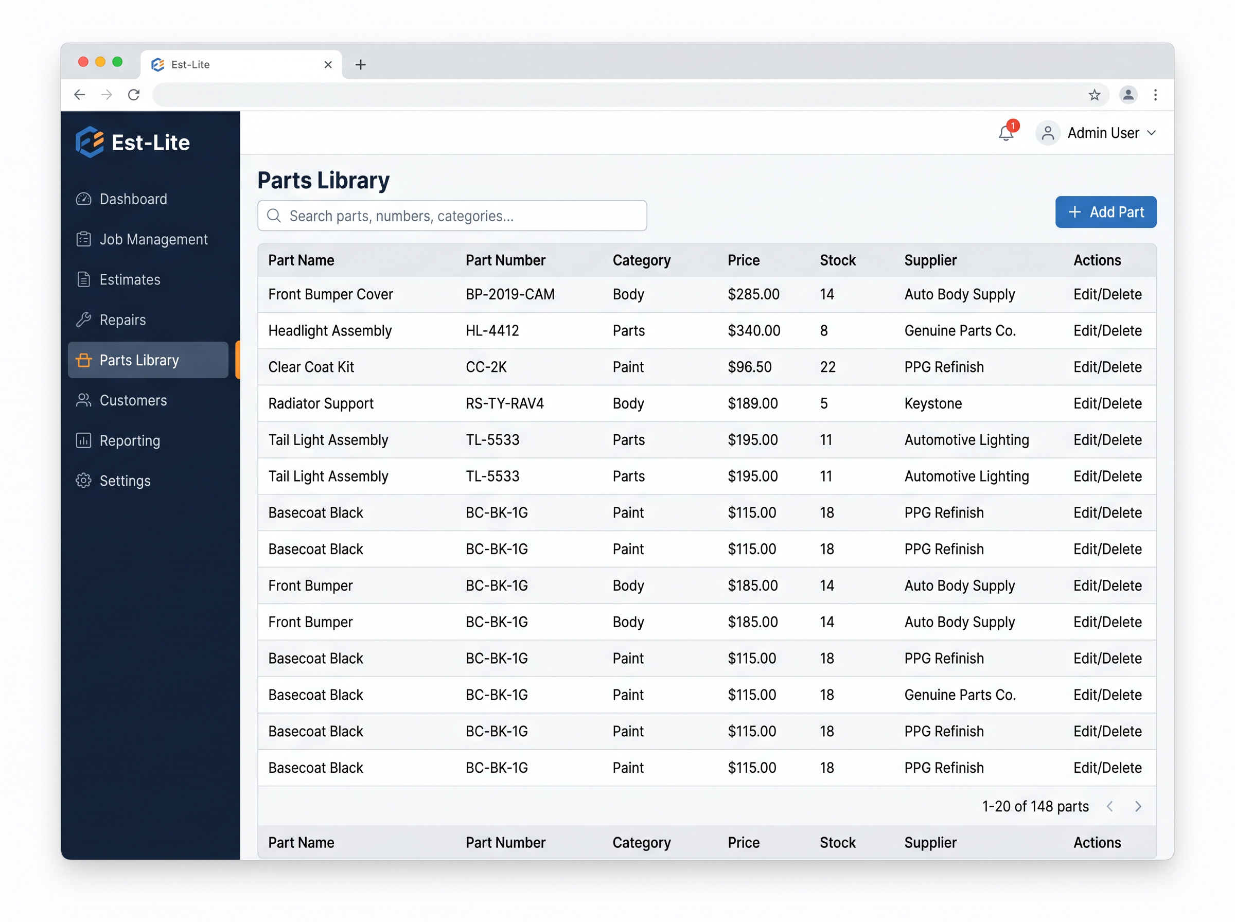 Est-Lite Parts Library screen example
