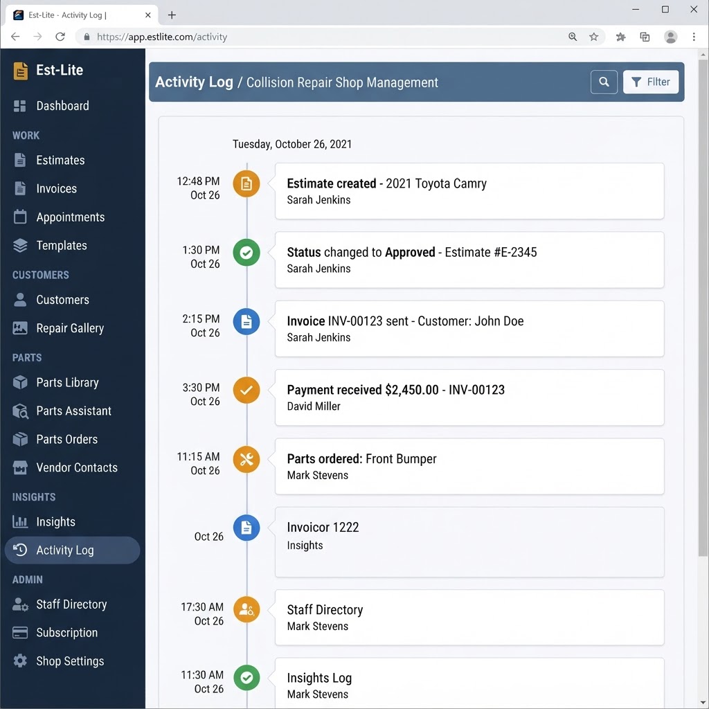 Est-Lite Activity Log screen example