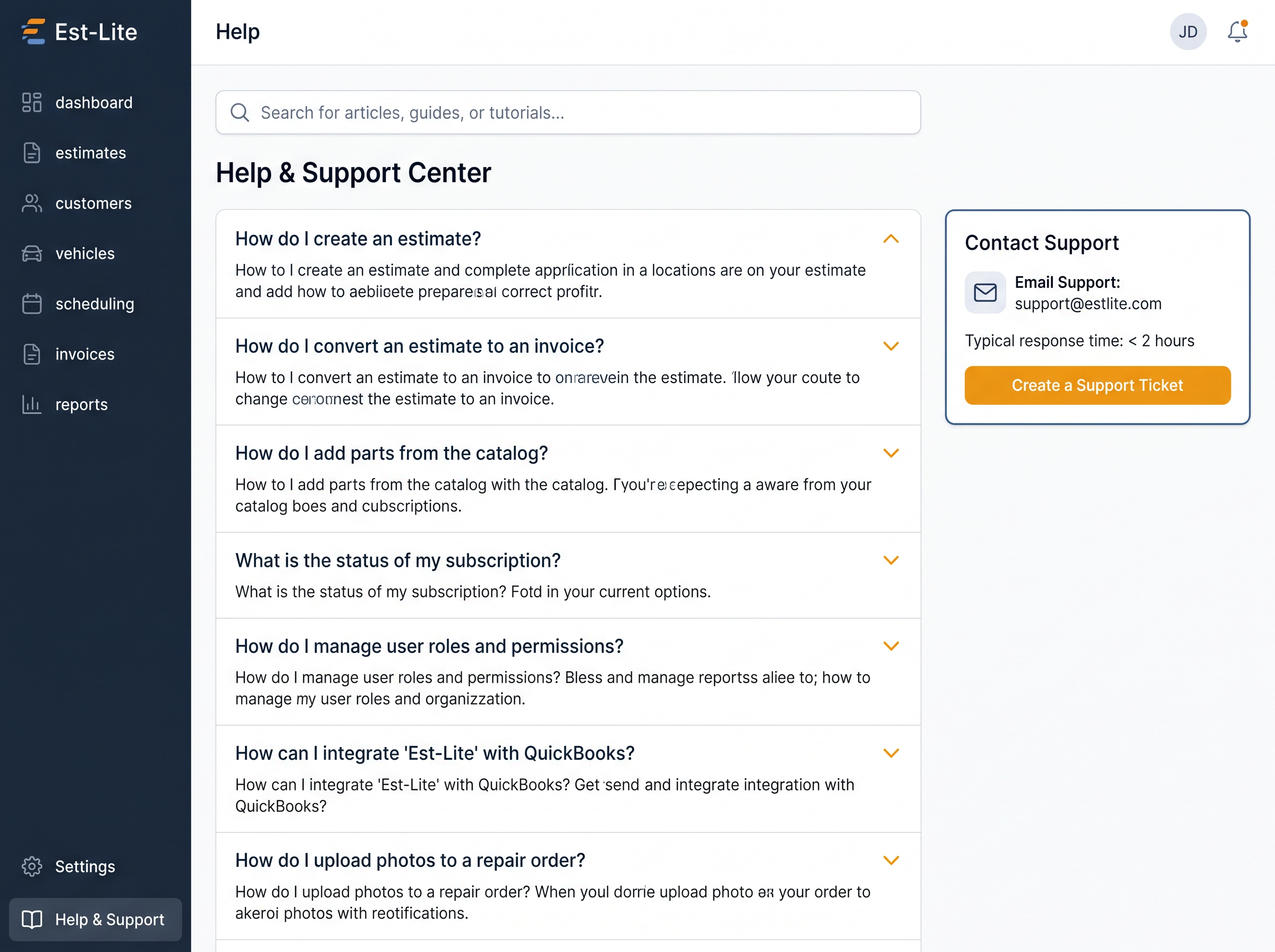 Est-Lite Help & Support screen example
