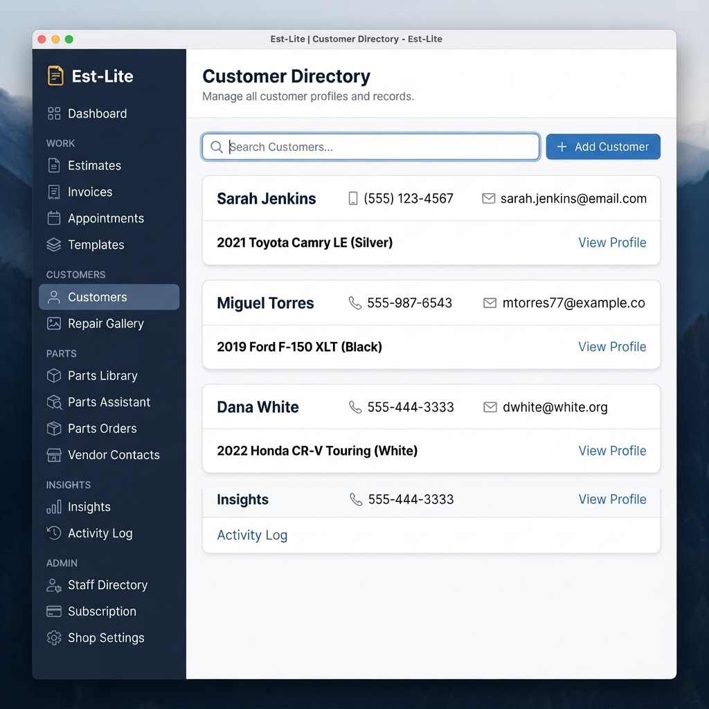 Est-Lite Customers screen example