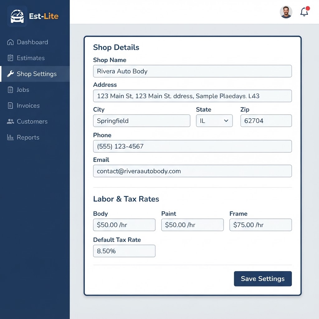 Est-Lite Shop Settings screen example