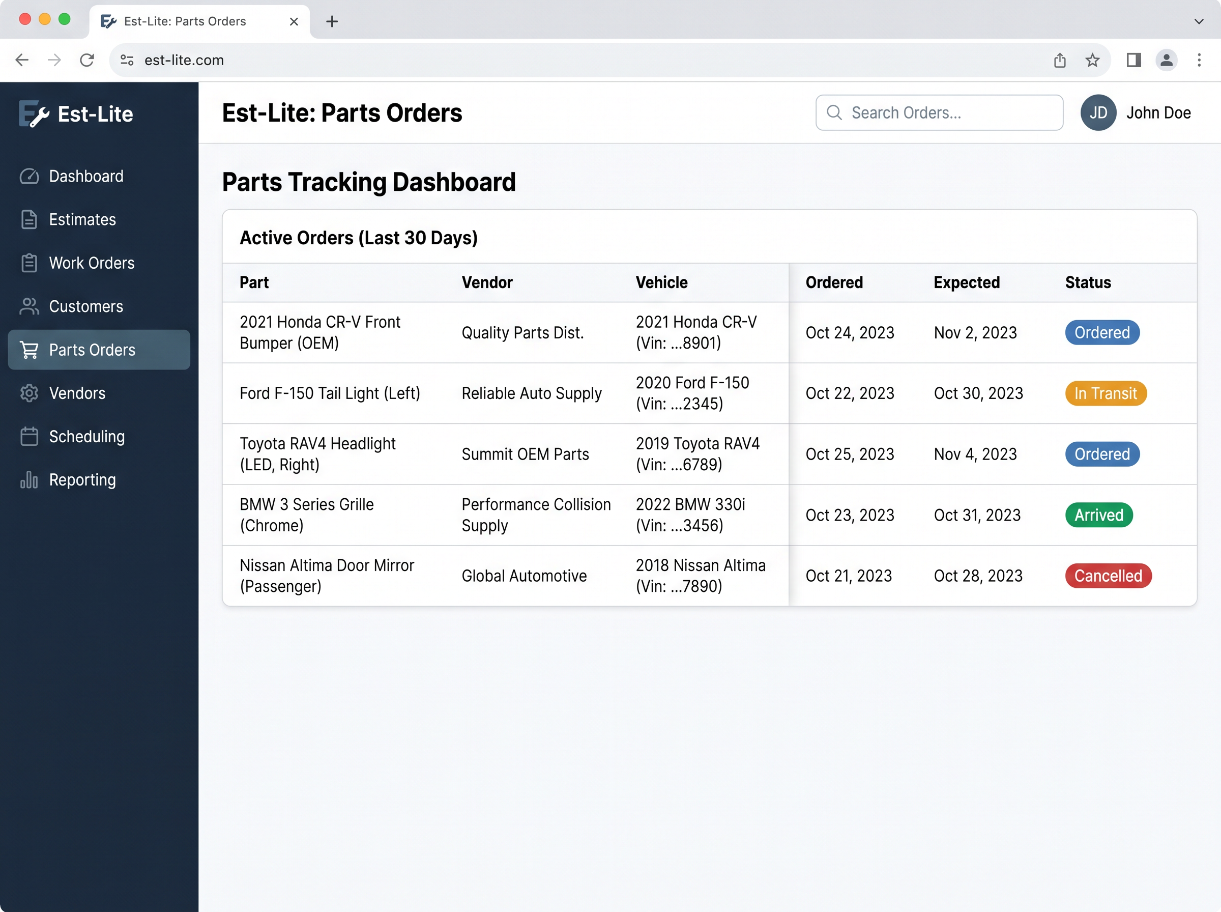 Est-Lite Parts Orders screen example