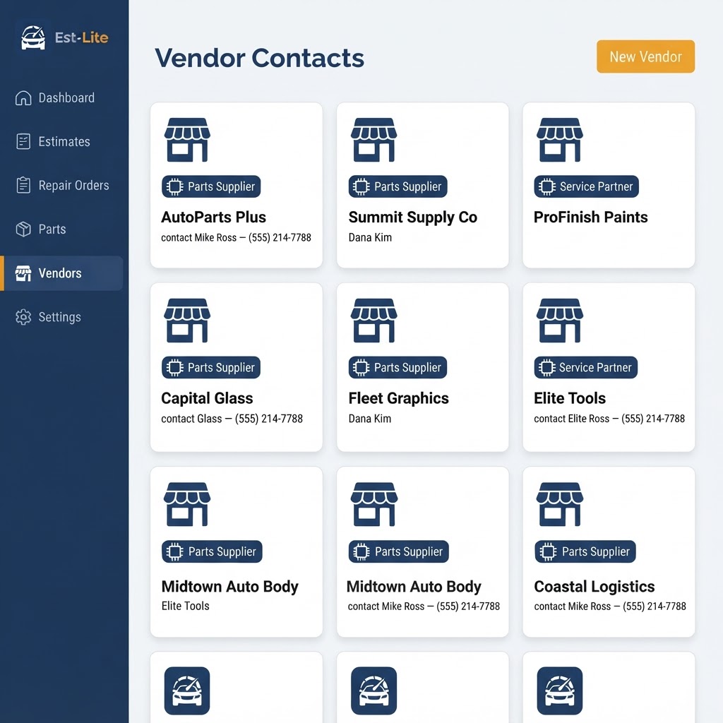 Est-Lite Vendor Contacts screen example