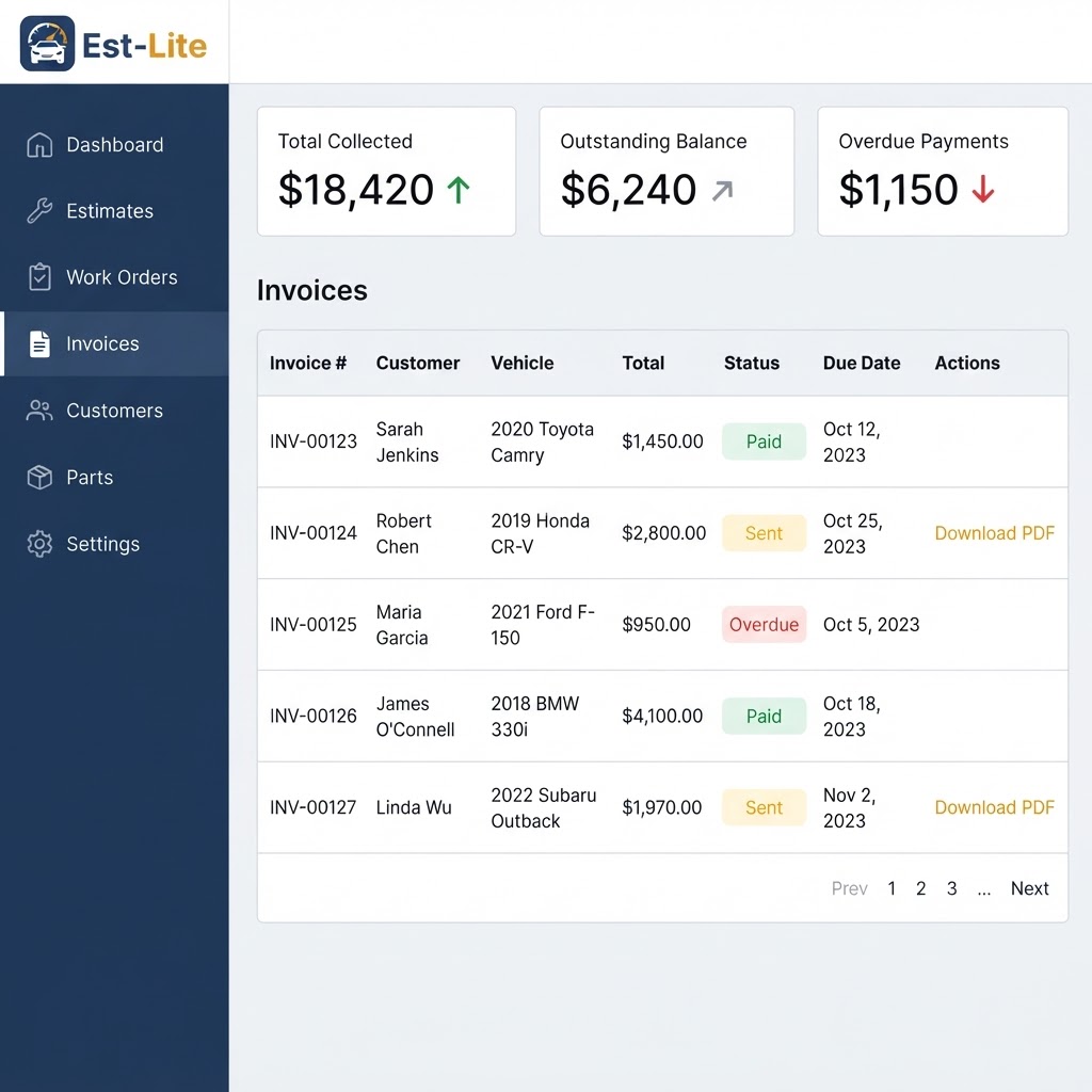 Est-Lite Invoices screen example