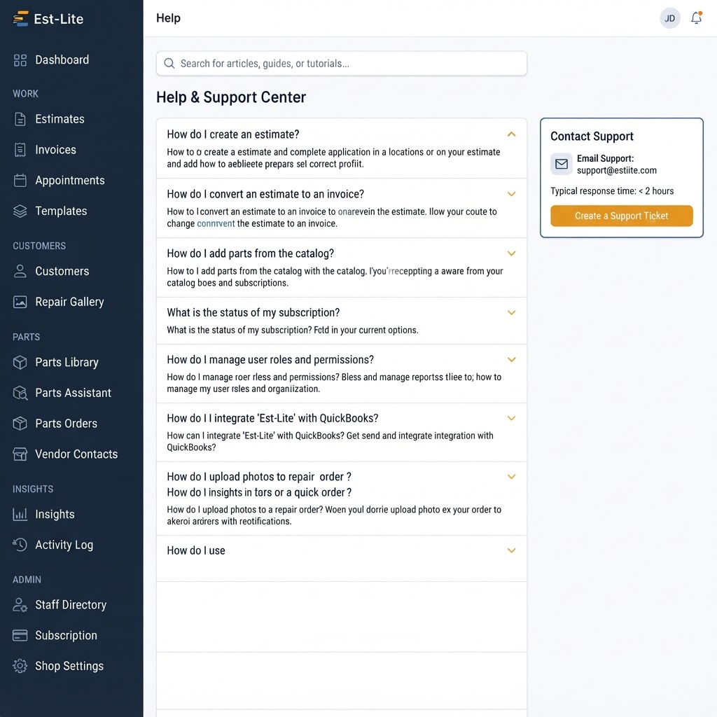 Est-Lite Help & Support screen example