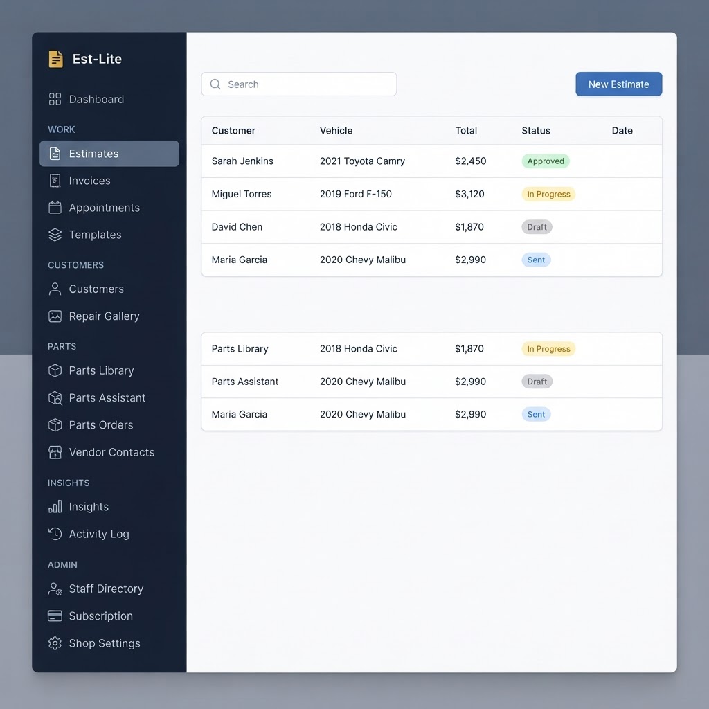 Est-Lite Estimates screen example