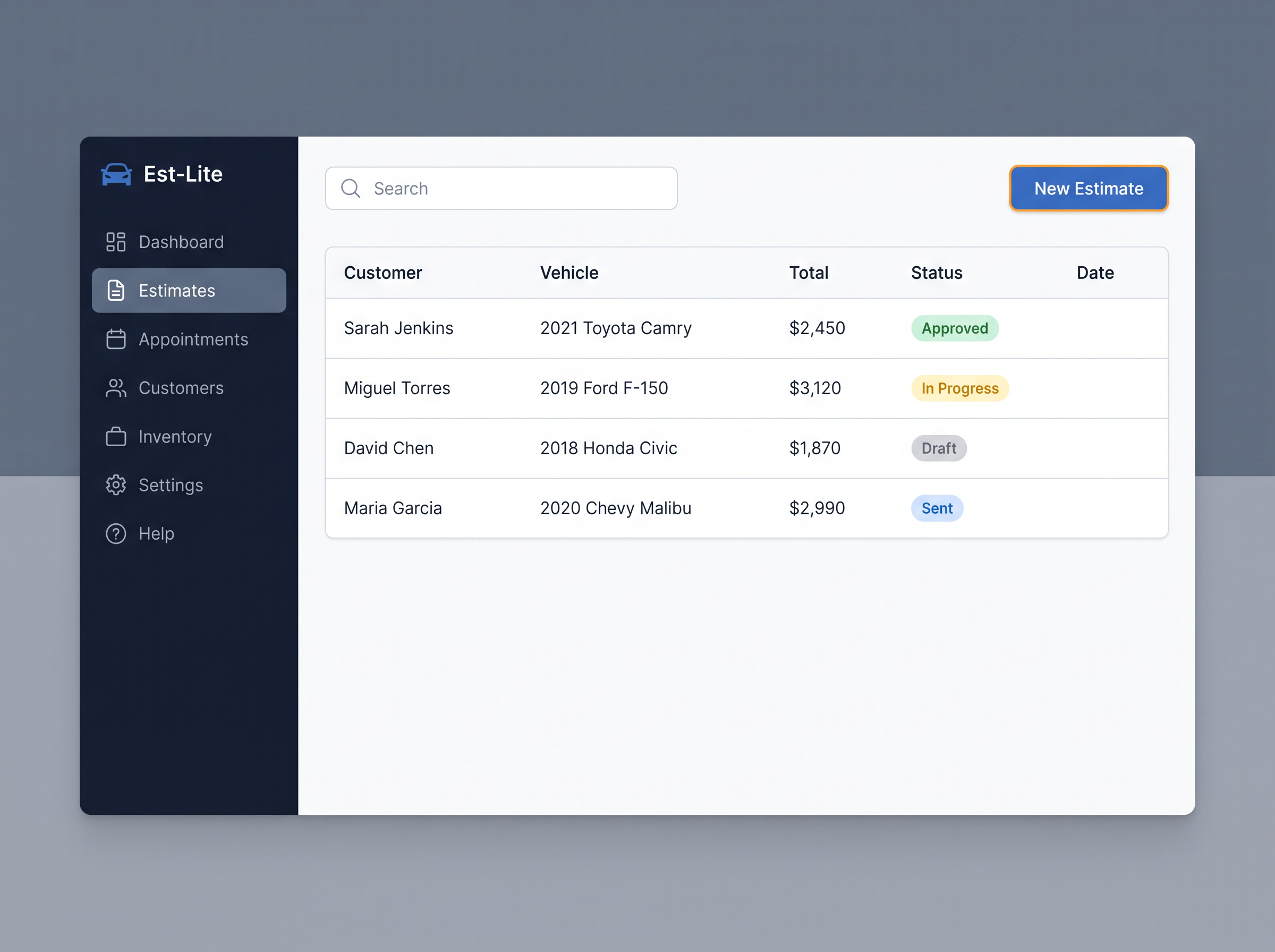Est-Lite Estimates screen example